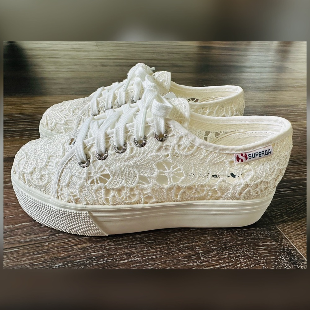 Superga White Lace Platform Sneakers with Floral Crochet